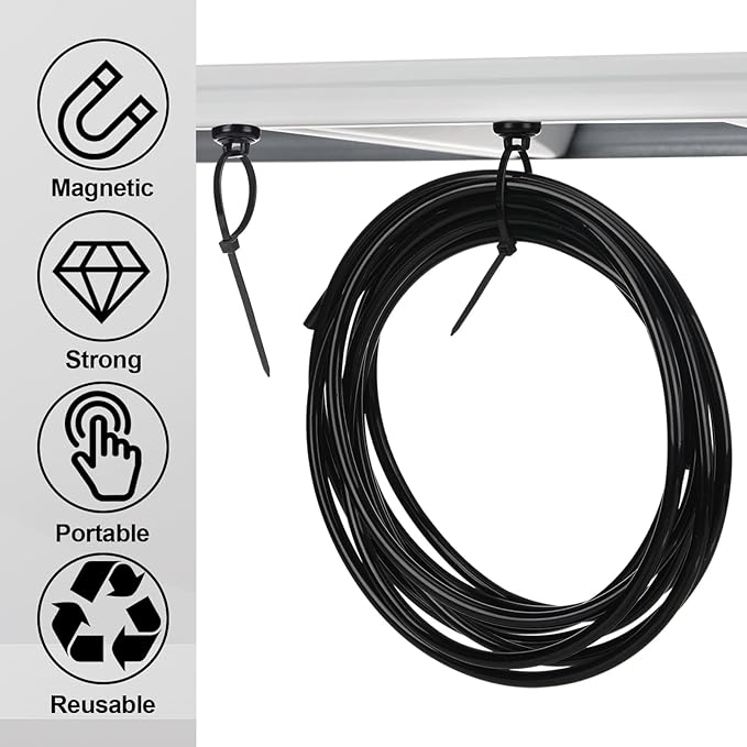 Leinuosen 30 Set Magnetic Zip Tie Mount and Nylon Cable Ties, 19 mm Multipurpose Wire Cable Holder Mount Wire Clips Management Electrical Organization Supplies (Black)
