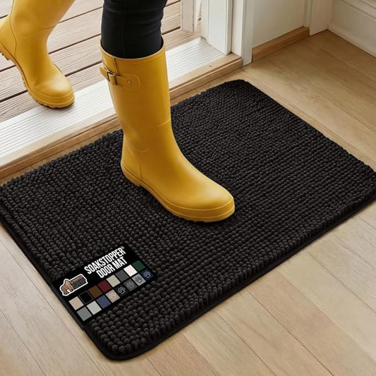 GORILLA GRIP SoakSTOPPER Dog Door Mat, 30x20 Machine Washable Rug Absorbent Doormat Captures Moisture Mud Dirt, Quick Dry Soft Chenille Entryway Rugs Indoor Entrance Mats for Dog Paws, Black