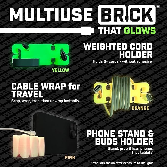 GlowBrick Stocking Stuffers for Adults Cord Management Weighted Cord Holder Cable Wrap Phone Stand - Glow-in-The-Dark Gadget Organizer for Nightstand. Gift for Men, Silicone. 6pk Glowing Orange