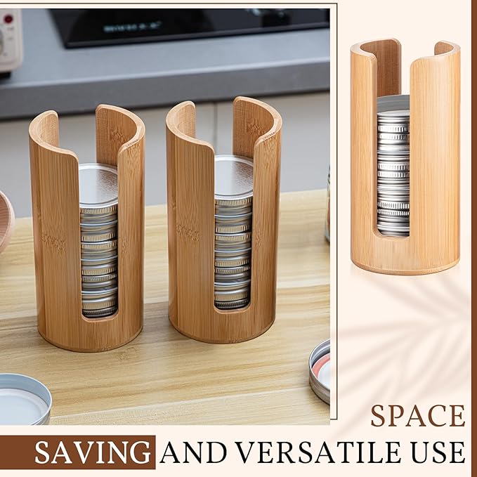 Suclain 2 Pcs Mason Jar Lid Organizer Bamboo Vertical Mason Jar Lid Storage Accessories Tumbler Lids Holder Cup Lids Organizer for Home Kitchen Countertop Cupboard(Only for Regular Mouth)