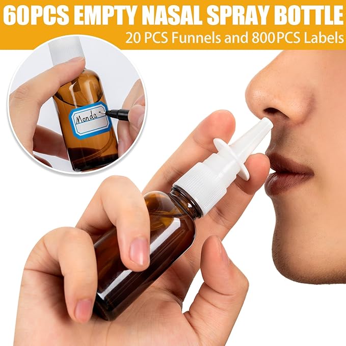 100 Pcs Nasal Spray Bottle, 1OZ/30ML Brown Empty Refillable Nasal Spray Bottles Glass with 20 Funnels and 20 Labels