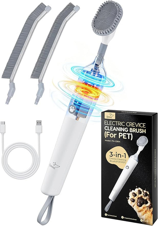 3-in-1 Reciprocating Deep-Clean Brush - Hard, V-Shaped & Soft Silicone Brush Heads for All Surfaces, 3-Speed with LED Light for Grout, Delicate Glass, Kitchen, Bathroom, Car & Pet Areas
