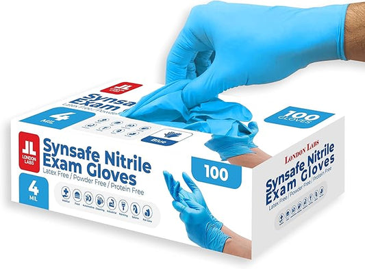 Synsafe 4 Mil - Blue Nitrile Exam Gloves –Disposable Latex Free & Powder Free – Extra Strong, Rubber Gloves