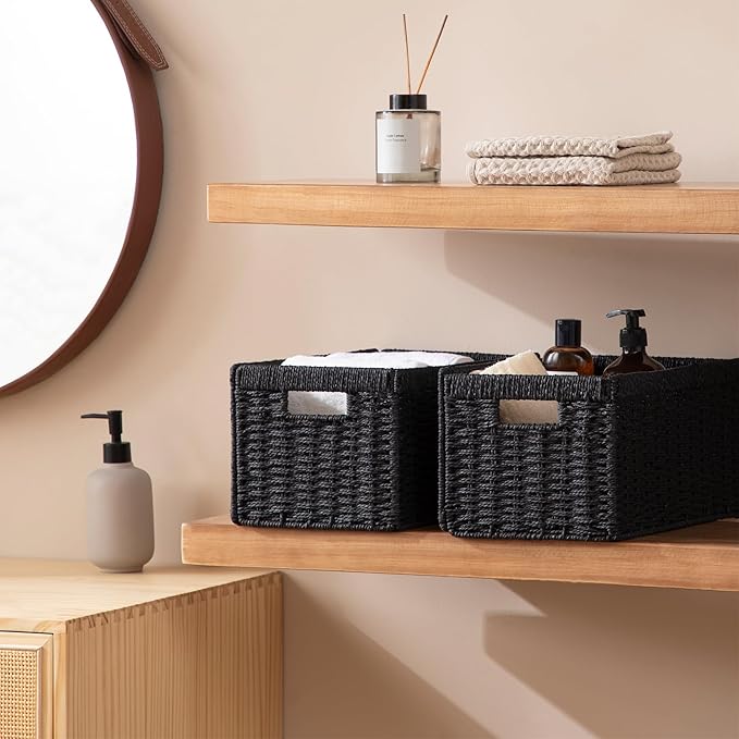 joybest Black Shelf Storage Wicker Baskets, 4-Pack Woven Paper Rope Baskets for Organizing, Foldable Rectangular Bin with Handles for Pantry, 13.4L x 8.3W x 7.1H Inch