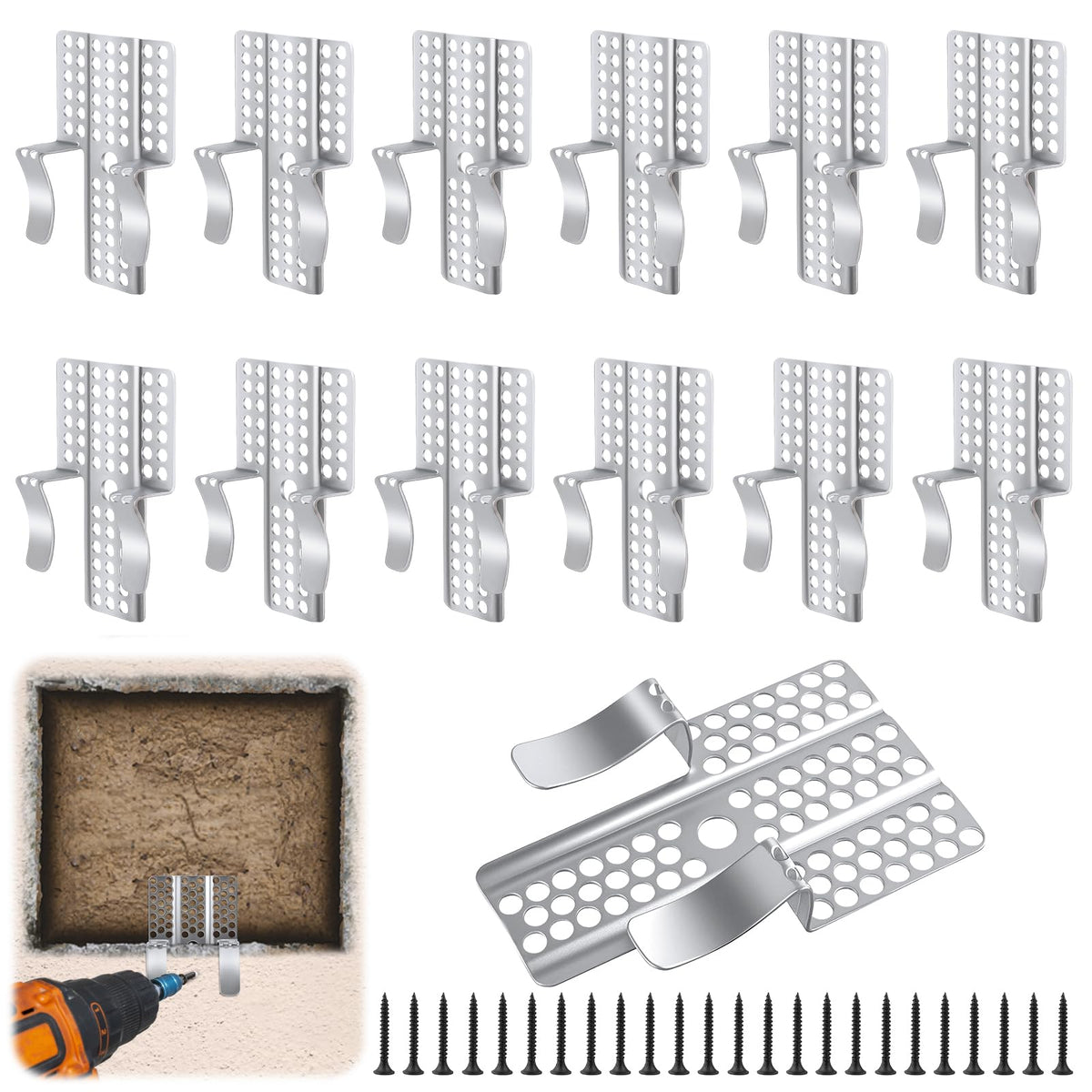 Drywall Repair Clips 12 Pcs with Screws Stainless 1/2 Inch - Image 1