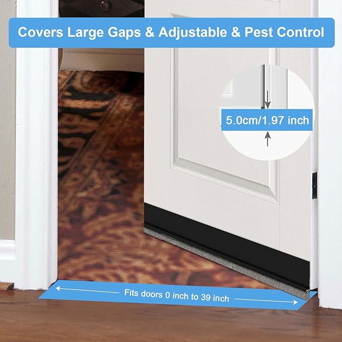 39-inch Door Draft Stopper with Brush - Adhesive Weather Stripping Seal for Exterior/Interior Doors | Under Door Sweep Blocks Drafts, Noise & Dust | Fits 1/4"-1" Gaps (Black)