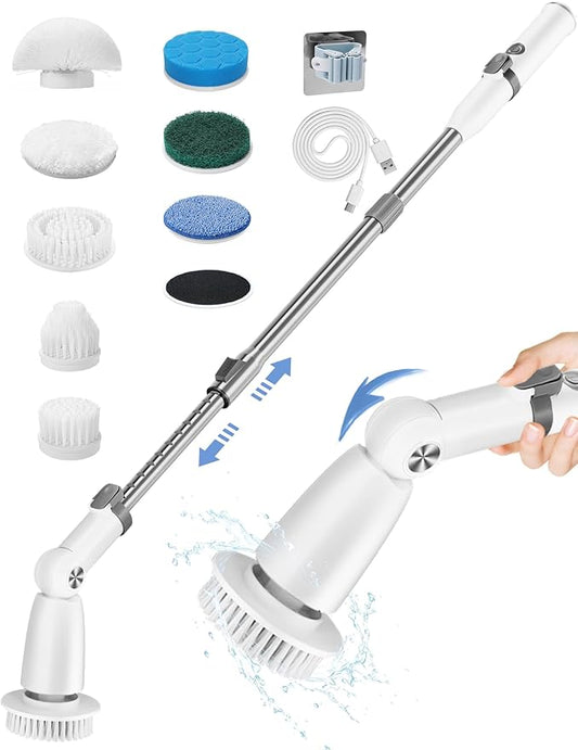 Electric Spin Scrubber Brush Cordless Shower Scrubber with Long Handle, 8 Brush Heads & 3 Adjustable Angles, Dual Speed Electric Scrubber for Cleaning, Automatic Cleaning Brush for Bathroom Tub Tile