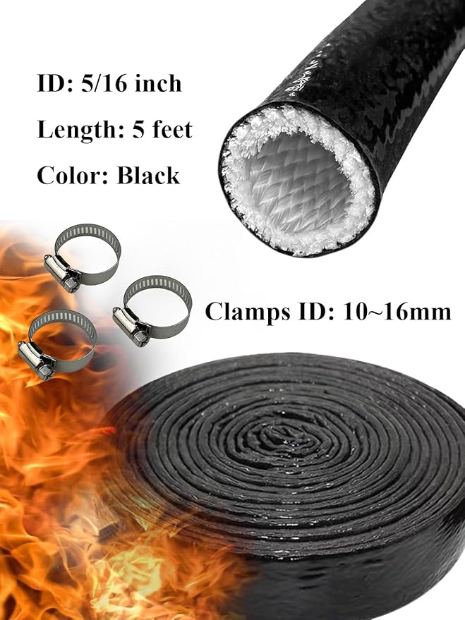 YAMAKATO 5/16" ID Heat Shielded Fire Thermo Armor Fire Sleeve Silicone Coated Fiberglass Heat Protection w/ 3 Clamps for Automotive Hose Lines & Electrical Wiring (Black, 5FT