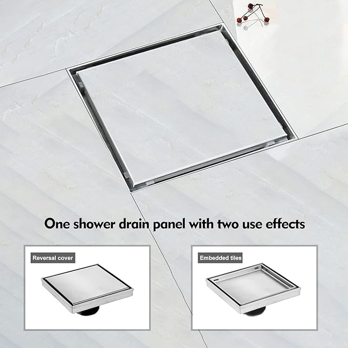 ELLO&ALLO 6 Inch Square Shower Drain Floor Drain with Flange Reversible 2-in-1 Cover Tile Insert Grate Removable SUS304 Stainless Steel in Brushed Nickel