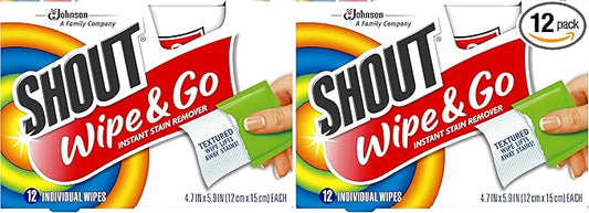 Shout Wipes Stain Remover for Clothes Laundry, Instant Stain Remover and Individually Wrapped, Travel Essentials, Works on Everyday Stains, 12 Wipes per Carton (6 Cartons), (Pack of 12)