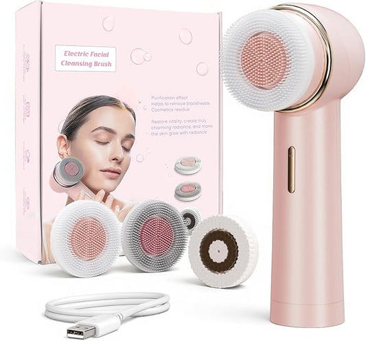 Teen Girls Electric Facial Cleansing Brush – Rechargeable Waterproof Dual Rotating Face Scrubber with 3 Interchangeable Heads, Soft Silicone Exfoliator, Perfect Skincare Gifts