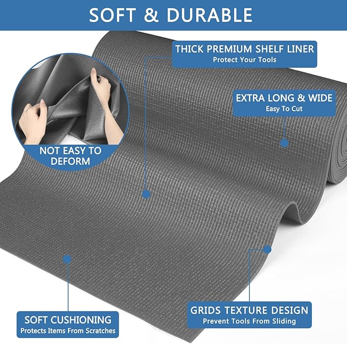 Foam Toolbox Liner Drawer Mat 1/8 Inch Thick X 16 Inch Wide X 6 Ft Long Gray, No Slip for Protecting Cabinet, Garage, Cart, Tool Box