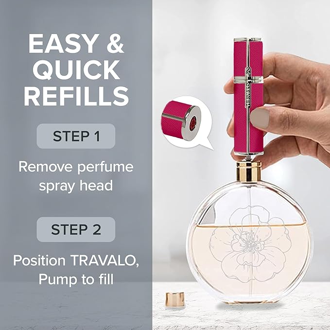 Travalo Milano Perfume Atomizer - Leak-Proof and TSA Approved for Air Travel - Reusable, Airtight, Easy Fill Mini Pump Sprayer - Lightweight Vegan Leather with Polished Metal Outer Shell - Hot Pink