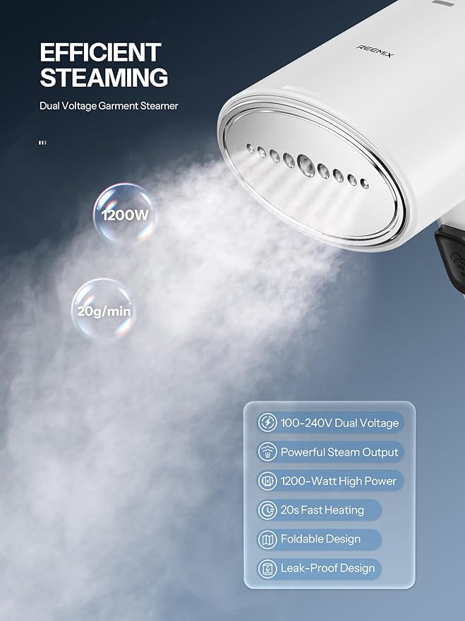 Travel Steamer for Clothes, Reemix Garment Steamer with Dual Voltage 100-240V for Wordwide Use, Foldable Handheld Garment Fabric Wrinkle Remover and Steam Iron 2-in-1, 20 Second Fast Heat-up (White)
