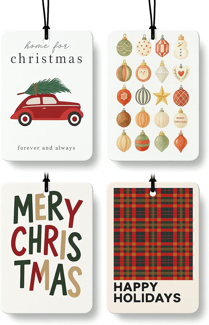 Christmas Berry Car Air Freshener 4 Pcs, Merry Christmas Truck Bauble Ball Checkered Hanging Air Freshener for Cars Closet Drawer Books, Cute Xmas Car Accessories Mirror Decor for Women