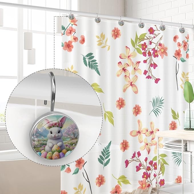 Bunny Rabbit and Easter Eggs Shower Curtain Hooks 12Pcs, Decorative Rust Resistant Shower Rings for Shower Curtain Rods, Stainless Steel Round Curtain Hooks for Bathroom, Bedroom, Farmhouse