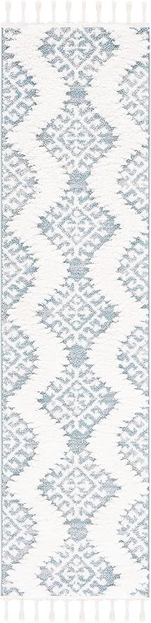 SAFAVIEH Moroccan Tassel Shag Collection Runner Rug - 2'3" x 8', Teal & Ivory, Rustic Trellis, Non-Shedding & Easy Care, 2-inch Thick Ideal for High Traffic Areas in Living Room, Bedroom (MTS652K)