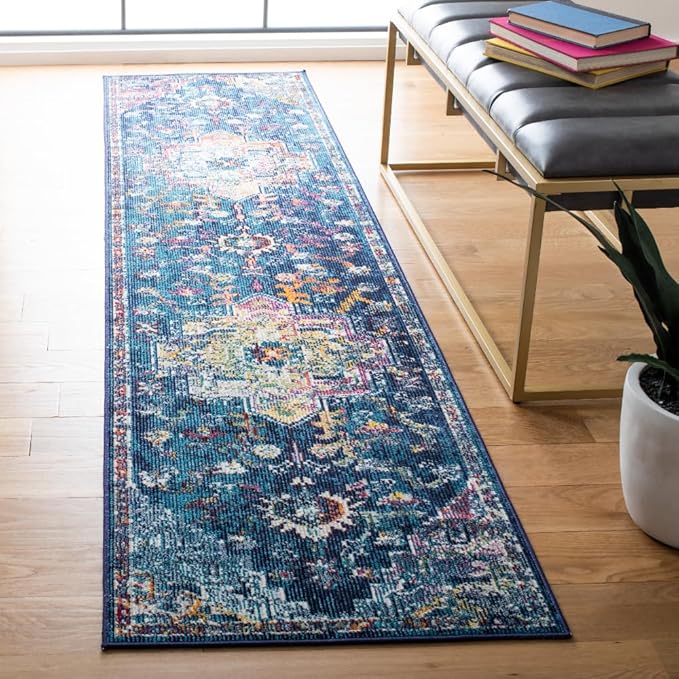 SAFAVIEH Crystal Collection Runner Rug - 2'2" x 11', Navy & Fuchsia, Medallion Distressed Design, Non-Shedding & Easy Care, Ideal for High Traffic Areas in Living Room, Bedroom (CRS501H)