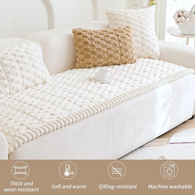 Couch Cover for Dogs Washable,Non Slip Fuzzy Durable Couch Covers for 3 Cushion Sofa Pet Friendly Sofa Cover Dog Thick Soft Slipcovers Protector Couches Mat Bed (Beige, 27.6" x 82.7"/70 x 210cm)