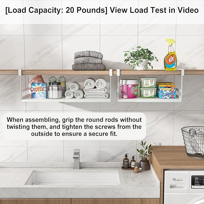 Expandable Under Cabinet Shelf Organizer with 0.94-Inch Thick Clips, Heavy Duty Extendable Under Shelf Storage Basket for Pantry or Laundry Room, White, 2 Pack, Interior: 5.7" H x 7.2" D