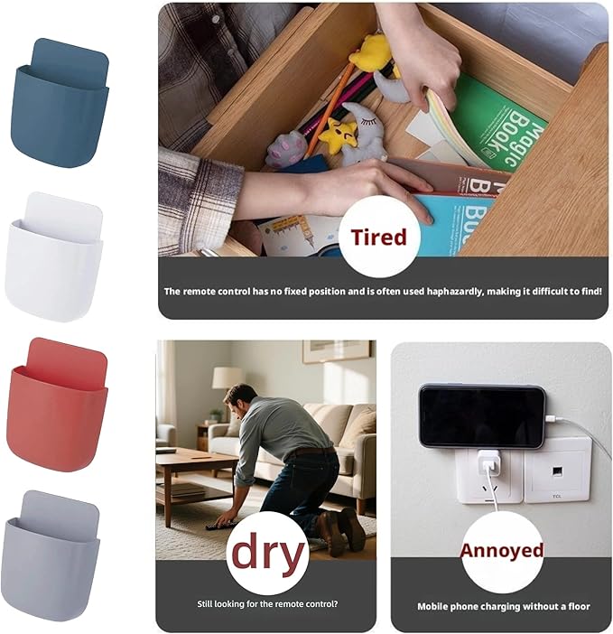 4-Pack Adhesive Wall Organizer, Multipurpose Stick-on Storage Box for Remote Phone Pen Keys, for Kitchen Bathroom Office (4 Colors) (Blue)