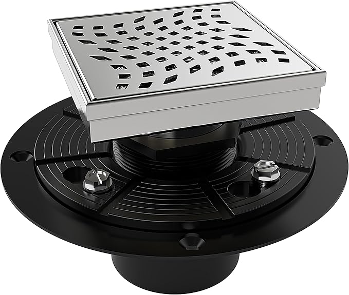 WEBANG 4 Inch Square Shower Drain Brushed Floor Drain with Flange Wave-Hole Pattern Cover Grate Removable SUS304 Stainless Steel Watermark&CUPC Certified Brushed