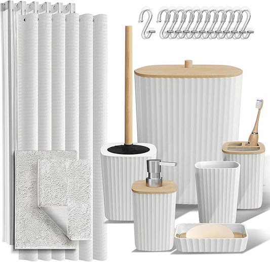 Clara Clark Bathroom Accessories Set - Bathroom Set, Bathroom Sets with Shower Curtain and Rugs, Shower Curtain Set with Bathroom Trash Can - White - 22PC