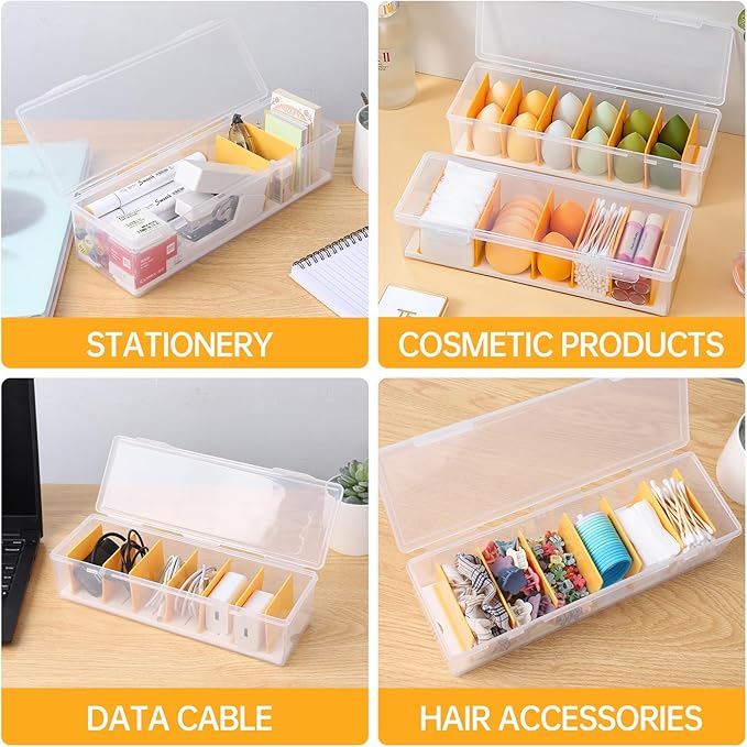 2 Pack Clear Cable Organizer Box with Lid, Plastic Charger Cable Cord Storage Organizer, Office Desk Organizers, Multifunctional Accessories Storage for Home Drawer Office, Stackable
