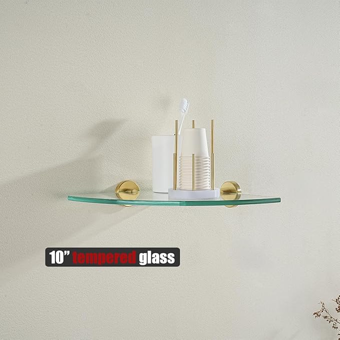 JQK Corner Glass Shelf, Brushed Gold Bathroom 304 Stainless Steel Shower Triangle Floating Wall Shelf, 10 x 10 Tempered Glass, 2 Pack TGS190L10-BG-P2