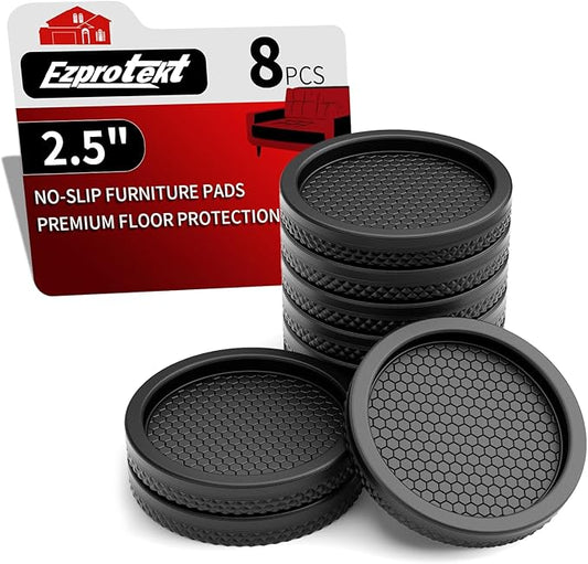 Ezprotekt Non Slip Furniture Pads, 8 Pcs 2.5" Anti Skid Rubber Furniture Caster Cups, Anti-Slip Furniture Coasters for Hardwood Floors, Anti Slide Floor Protectors for Bed Couch Stoppers (Black)
