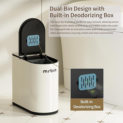 MRBIN Motion Sensor Bathroom Trash Can and Disposable Toilet Brush Holder Set, 1.8 Gallon Slim Touchless Small Garbage Pail, Toilet Smart Waste Basket with Lid and Odor Filter, Cream White