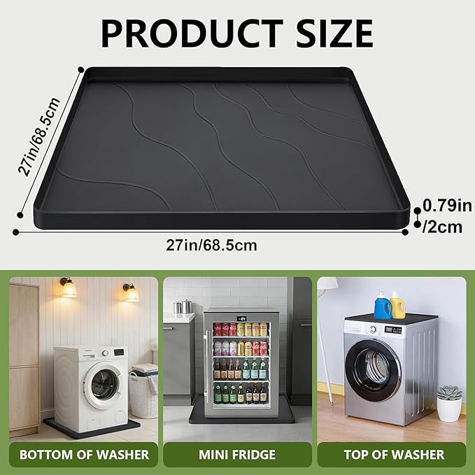 27×27×0.79inch Washing Machine Pan, With Raised Edge Washer Drip Tray, Drain Pan Silicone Mat, Foldable Portable Anti-Vibration Non-Slip Waterproof Pad, Textured Surface (Black)