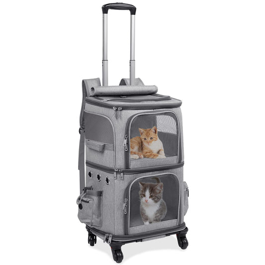 Double-Compartment Cat Carrier Backpack with Wheels for Two Pets - Image 1