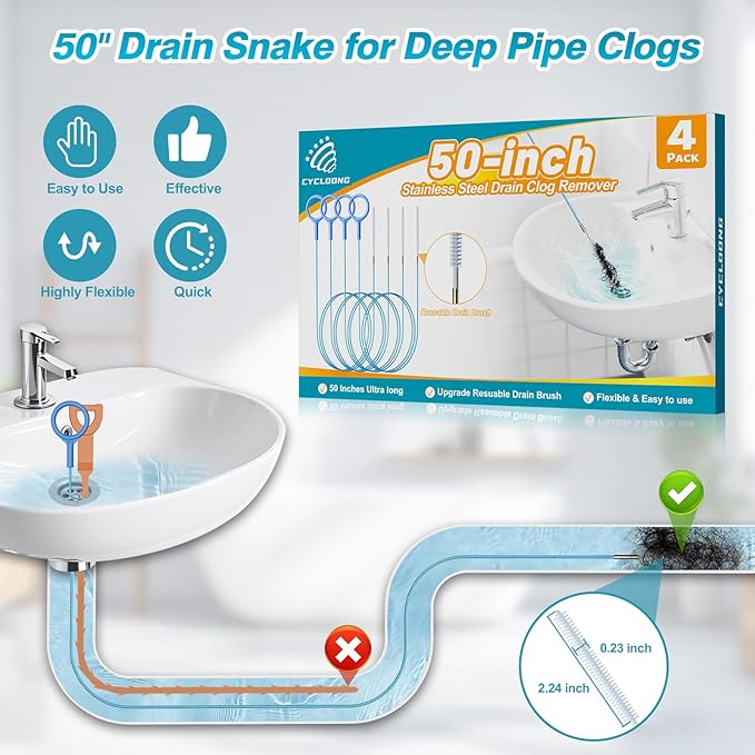 4 Pack Snake Drain Hair Removal Tool, Reusable Drain Snake Hair Drain Clog Remover Tool, 50 Inch Anti-break Steel Shower Drain Snake for Bathtub, Bathroom Sink Drain Unclog