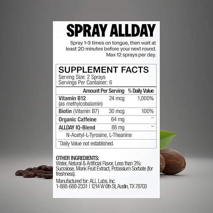 ALLDAY Focus + Energy Spray | Natural Caffeine + L-Theanine + Essential Vitamins | 0 Calorie, 0 Sugar | 12 Spray Bottle | Faster, Cleaner, Smoother Energy* (4 Pack Peach)