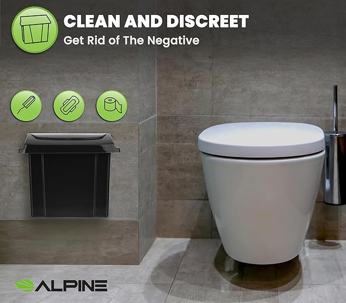 Alpine Sanitary Napkin Receptacle - Feminine Hygiene Disposal Container, Wall Mounted Trash Can with Odor Control Seal & Installation Hardware (Black)