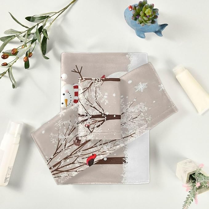 Pfrewn Winter Snowman Bird Tree Snow Towels Set of 3 Snowflakes Peach Christmas Bathroom Towel Soft Absorbent Bath Hand Towels Washcloth Guest Towel Sets Rustic Farmhouse Xmas Holiday Decor