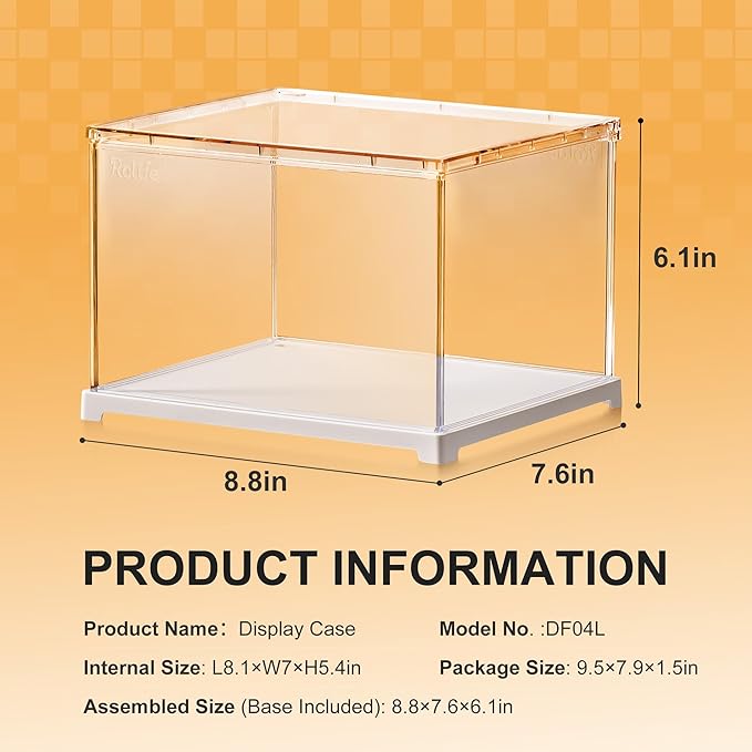 Rolife Acrylic Display Case Dust Cover for Collectibles, Dustproof Protection Showcase with White Base with Door for Mini Dollhouse, 3D Puzzles (8.8''x7.6''x6'')