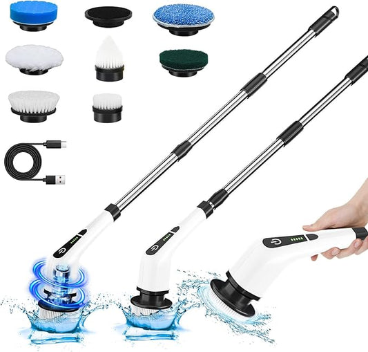 Electric Spin Scrubber, IPX7 Waterproof Cordless Cleaning Brush with 8 Replaceable Brush Heads, 2 Speed Shower Scrubber with Long Handle for Bathroom Tub Tile Floor