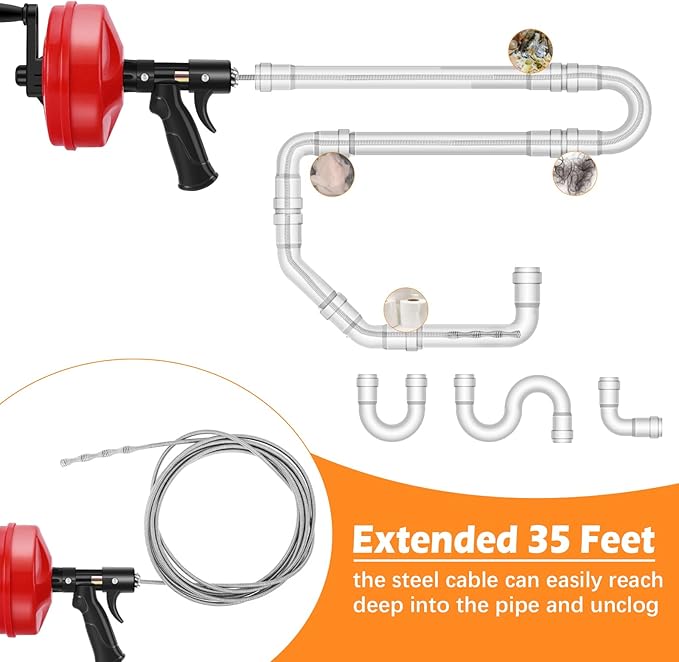 35 FT Plus Double Mode Drain Snake Tools, 13-in-1 Drain Auger for Sink and Drain Unblocking, Plumbing Snake for Kitchen, Bathrom and Shower Sink, Snake for Real DYIs[Upgraded 4.0]