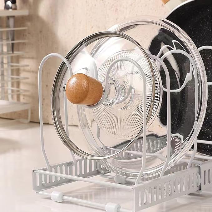 Expandable Pot and Pan Organizer Rack with 10 Adjustable Compartments, White Kitchen Cabinet Organizer for Lid, Bakeware, Cutting Board, Pantry & Countertop Storage