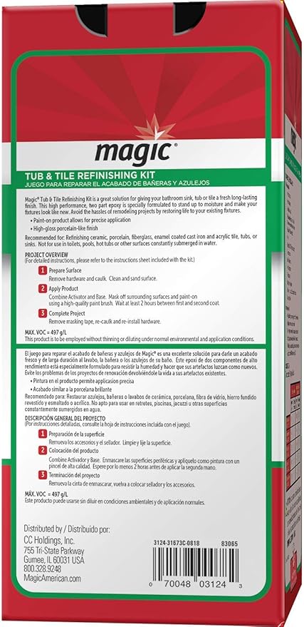 MAGIC 3124 Tub and Tile Refinishing Kit - Bright White - Paint On - Works On Ceramic Porcelain Acrylic Fiberglass Surfaces