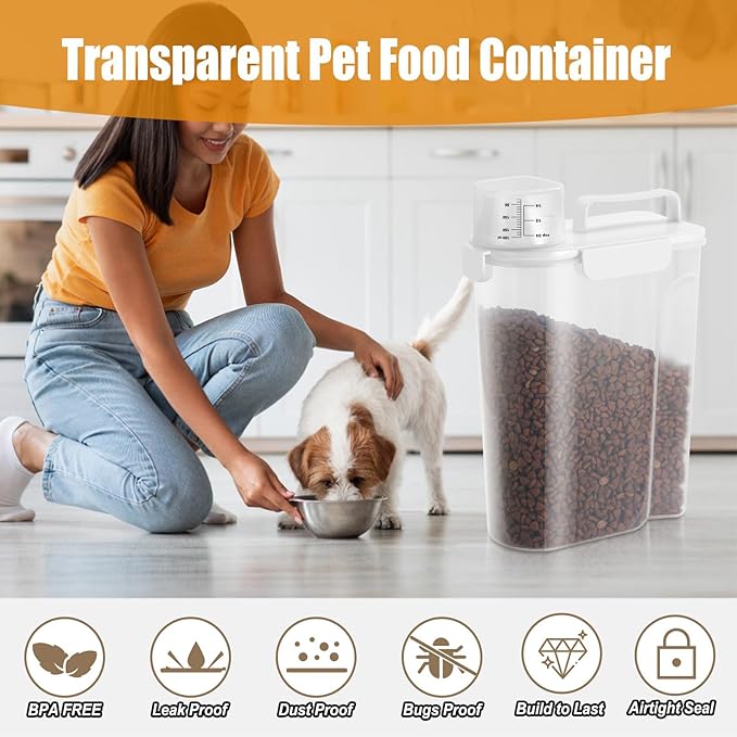 5-7LBS Upgraded Large Nozzle Cat Dog Food Storage Container BPA-free, Airtight Pet Food Storage Bin with 4 Lock Buckles, Sealing Gasket, Cup for Pet Food, Dog Treats, Rice, Flour, Dry-White