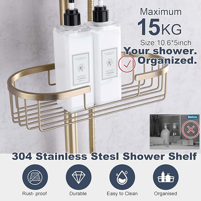SonTiy Rain Shower Head System with Handheld Spray, 360° Adjustable Shower Arm Exposed Showerhead Kit with Caddy for Whole Family, Brushed Gold