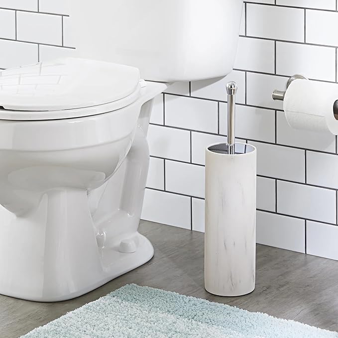 Faux Marble Toilet Brush and Holder, White, Bathroom Cleaning Brush, Toilet Bowl Brush Set, Plastic & Steel Toilet Brush for Bathroom