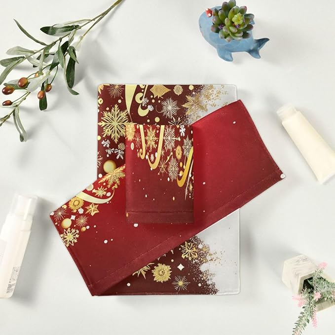 Pfrewn Golden Snowflakes Christmas Tree Forest Towels Set of 3 Winter Red Snowy Christmas Bathroom Towel Soft Absorbent Bath Hand Towels Washcloth Guest Towel Sets Xmas Holiday Decor