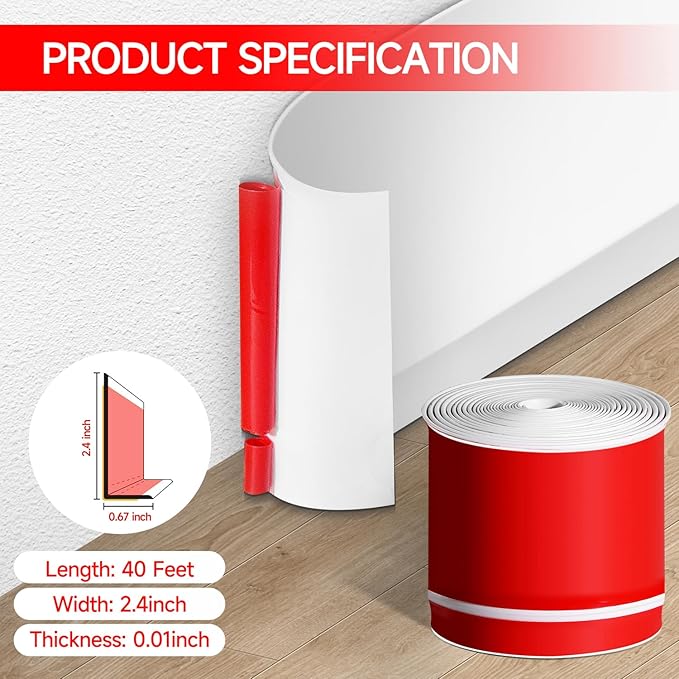 Flexible Baseboard Molding Trim 3 Inch(W) x 40 Feet(L) Self Adhesive Vinyl Wall Base Peel and Stick Cove Base,Rubber Wall Base. (White)