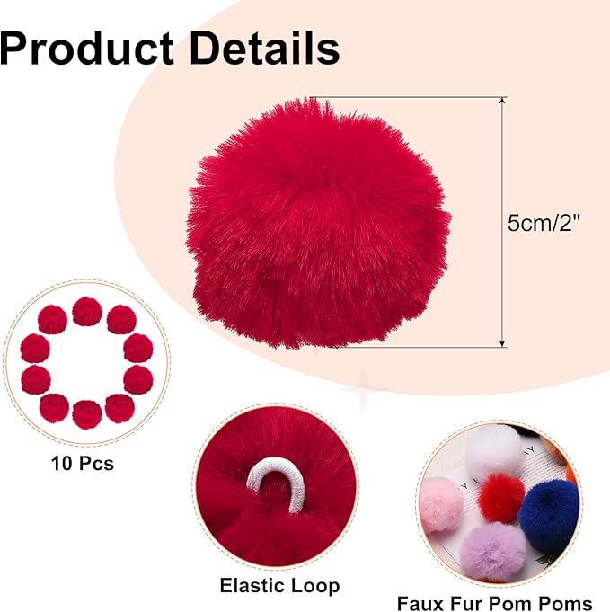 uxcell 2 Inch Faux Fur Pom Pom Balls, 10 Pcs Red Fluffy Soft Faux Fur Pom Poms for Hats with Elastic Loop for DIY Knitting Hats Keychain Scarves Gloves Bags Shoes Accessories