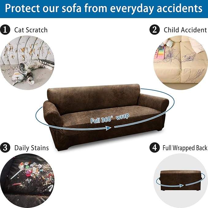 Couch Cover Leather Look 3 Seater Couch Sofa Cover 1-Piece Sofa Slipcover Stretch Furniture Protector with Elastic Bottom & Pockets(Sofa, Brown)