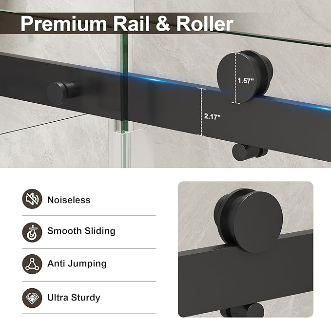 Frameless Shower Door,Single Sliding Glass Shower Door with Nano Coating & Safety Film, Adjustable 49"-54" W x 72" H, Matte Black,1/4" (6mm) SGCC Tempered Glass